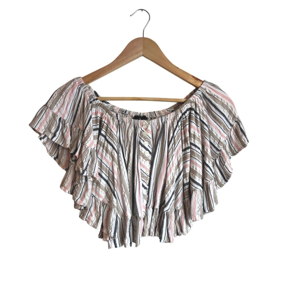 ANGIE Womens Striped Off The Shoulder Ruffle Crop Top Blouse Size Large